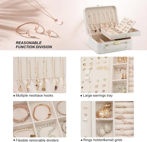 Miniatura 4 de V-LAFUY Joyero blanco, organizador de joyas de viaje grande, organizador de joyas de 2 capas, organizador de joyas de viaje para mujeres, estuche