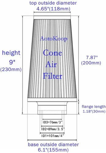 Miniatura 2 de 3 3.5 4 Pulgadas Filtro de Aire de Entrada Cónico, 76mm 89mm 101mm Filtro de Admisión de Aire Frío de Alto Rendimiento, Altura 9 Pulgadas (230mm)