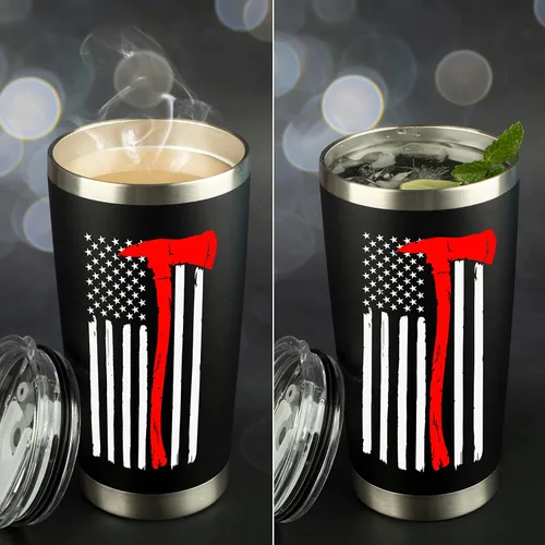 Miniatura 7 de Regalos de bomberos para hombres, vaso de viaje de acero inoxidable con tapa para taza de café, diseño de bandera de línea roja fina para bombero
