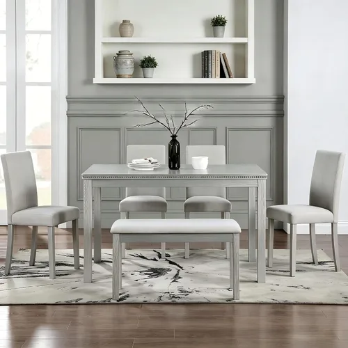 Miniatura 8 de LUMISOL - Juego de mesa de comedor de madera maciza con 4 sillas tapizadas y banco para cocina, comedor, sala de estar, gris plateado