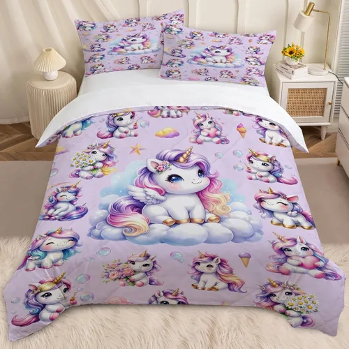 Miniatura 21 de BEDMUST Funda de edredón de unicornio tamaño individual, suave y lindo juego de ropa de cama de unicornio rosa con hojas de flores y pájaros azules