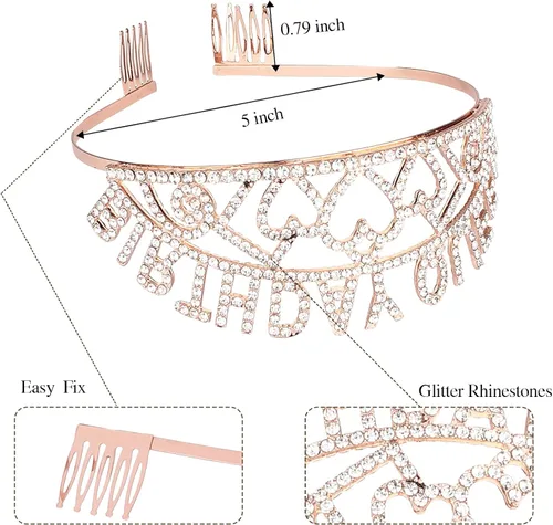 Miniatura 3 de CIEHER Kit de banda y tiara de diamantes de imitación para cumpleaños, corona de oro rosa con peines para mujer, elegante tiara de princesa
