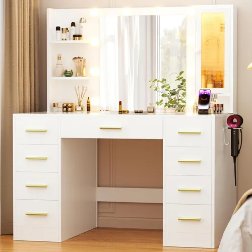 Miniatura 2 de ERLEJIA Escritorio de tocador con espejo y luces, escritorio grande de maquillaje blanco de 43 pulgadas con 9 cajones y toma de corriente, 3