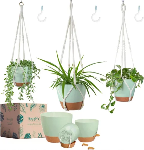 Miniatura 9 de Bouqlife Paquete de 3 macetas colgantes de macramé con riego automático con macetas de interior de 10/8/7 pulgadas, 3 tamaños diferentes de cestas