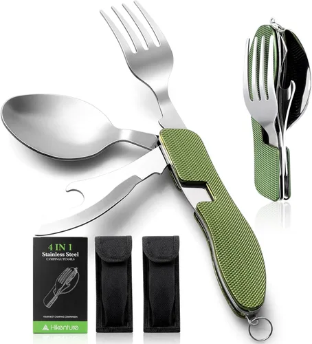 Miniatura 11 de Utensilios para campamento HIKENTURE 4 en 1, juego de tenedor, cuchillo, cuchara y abridor de botellas de acero inoxidable con estuche de Negro