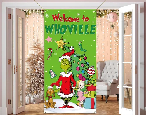Miniatura 6 de Nepnuser Cubierta de puerta de Navidad de bienvenida, elfo verde, decoración de Navidad, invierno, vacaciones, fiesta, telón de fondo, pancarta