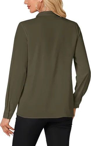 Miniatura 5 de LYANER - Blusa de cuello alto con botones, volantes en el frente, manga larga, camisa de trabajo para mujer