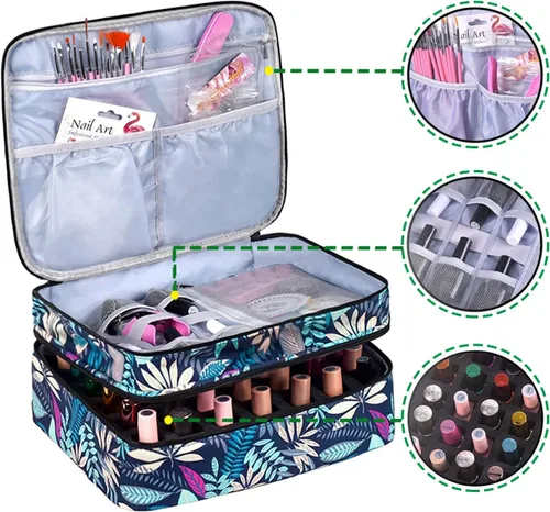 Miniatura 2 de Organizador de esmalte de uñas de doble capa, capacidad para 42 botellas, almacenamiento de esmalte de uñas con asa, estuche organizador de bolsa