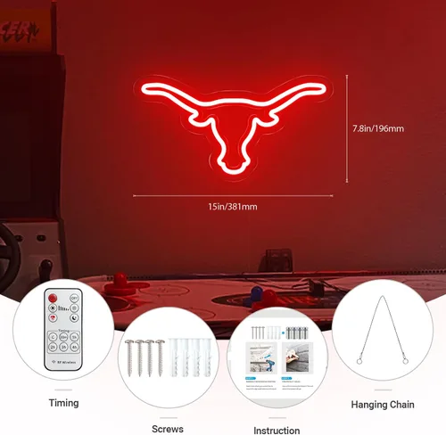 Miniatura 3 de Texas Bull - Letrero de neón para pared, atenuador remoto rojo del oeste de Texas Bull Skull LED de neón, lámpara de vaca toro alimentada por USB