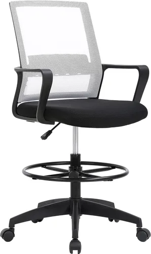 Miniatura 8 de BestOffice Silla de dibujo alta silla de oficina ajustable giratoria de malla con soporte lumbar, brazos reposapiés, respaldo medio para adultos