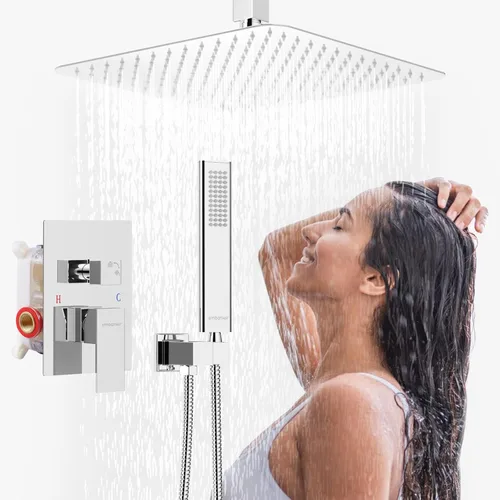 EMBATHER Sistema de ducha de lluvia, juego completo de grifos de ducha de cromo pulido con cabezal de ducha de lluvia de 10 pulgadas y mano (con