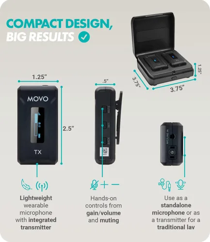 Miniatura 3 de Movo WMX-2 Micrófono inalámbrico para cámara con estuche de carga, micrófono Lavalier para cámaras DSLR, Vlogging, creación de contenido, cine
