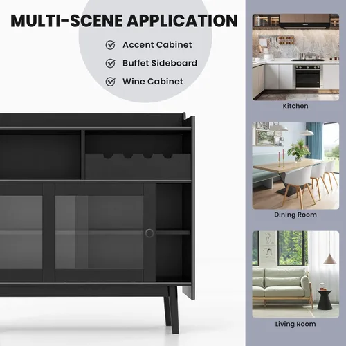 Miniatura 8 de Giantex Aparador de buffet, moderno armario de almacenamiento de barra de café con 2 puertas correderas de vidrio templado, estante para vino para 4