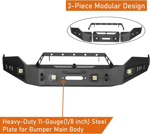 Miniatura 5 de Hooke Road Parachoques delantero Ram 1500 con placa de cabrestante y luces LED para Dodge Ram 1500 2013-2018 (excluye Rebel) y camioneta Ram 1500