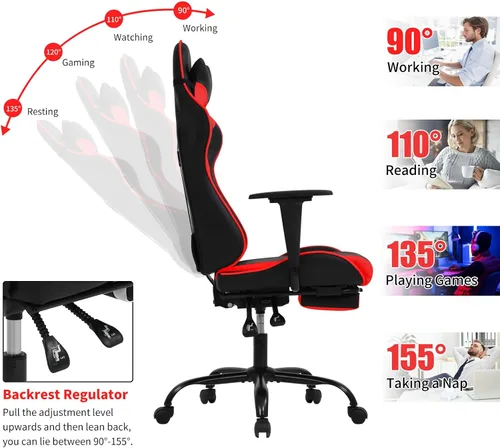 Miniatura 4 de BLKMTY Silla para videojuegos, silla reclinable para computadora con reposapiés y soporte lumbar, sillas de juego de altura ajustable con asiento