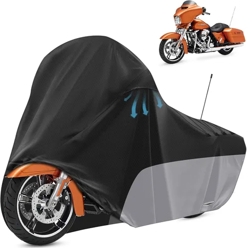 Miniatura 8 de Cubierta para motocicleta negra, tela Oxford 210D todo clima, protección contra el agua y el sol, cubierta para vehículo de 86 pulgadas para Harley