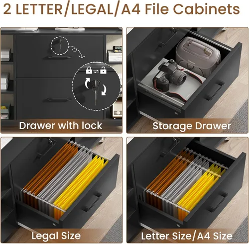 Miniatura 4 de SEDETA Archivador de 44 pulgadas, archivadores para tamaño legal, carta, tamaño A4, archivador de oficina con 2 cajones para oficina en casa