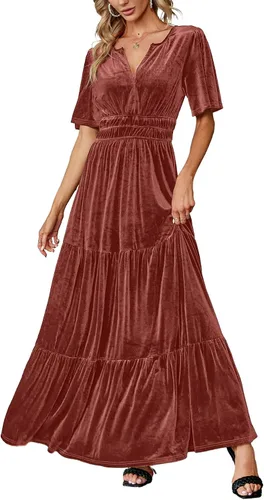 Amegoya Vestido largo de terciopelo de manga corta con cuello en V para mujer, vestido largo formal para invitados de boda, otoño, noche, fiesta