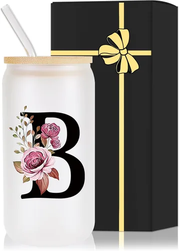 Miniatura 9 de Vaso de vidrio con monograma con tapa de bambú, popote personalizado, vaso de café helado de 16 onzas, tarro transparente de masón, cerveza, agua