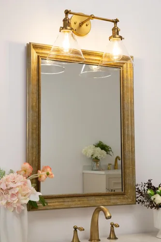 Miniatura 5 de PERMO Apliques de pared dobles vintage industriales dorados de 2 luces con sombra de vidrio transparente acampanado estilo embudo, apliques de pared
