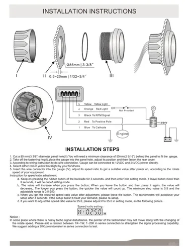 Miniatura 6 de KUS Tacómetro universal RPM medidor con medidor de horas 0-4000RPM 12V/24V con retroiluminación roja y amarilla 3.346 in