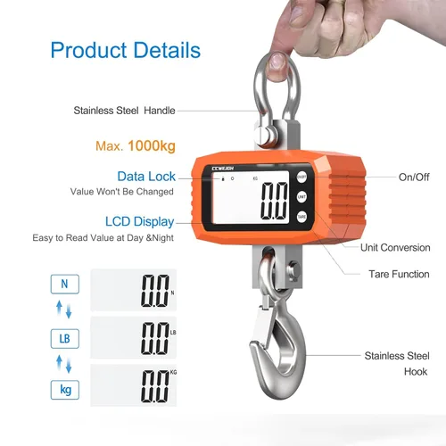 Miniatura 5 de Báscula digital de grúa y báscula colgante de 2,204.6 lbs - Mango de acero inoxidable de aluminio Multiuso para gimnasio, caza, viajes