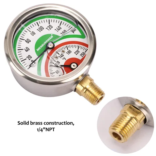 Miniatura 4 de MEASUREMAN Tridicator, Termomanómetro, 2-1/2 Pulgadas, Llenado de Aceite de Silicona, 0-160 psi/30-250 °F, Caja de Acero Inoxidable, Manómetro