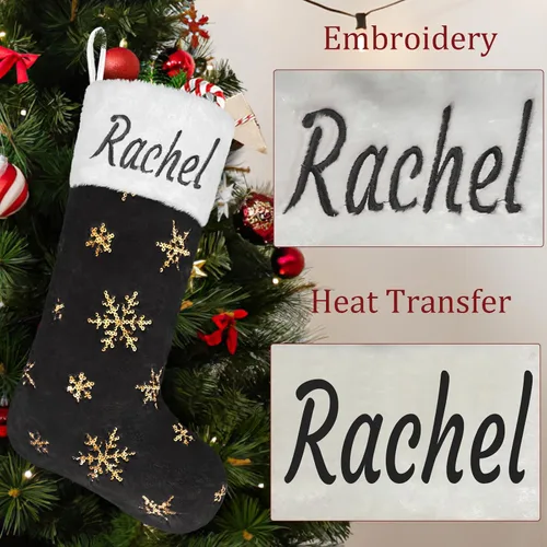 Miniatura 3 de Calcetines negros de piel sintética de Navidad, 1 paquete grande de 22 pulgadas, medias colgantes de felpa negra con nombre personalizado con copos