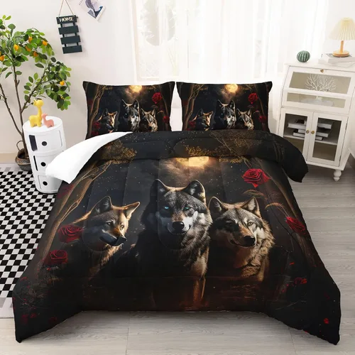 Miniatura 27 de AILONEN Juego de edredón con cabeza de lobo impresa tamaño individual, juego de ropa de cama de lobo para la noche para niños y hombres, juego