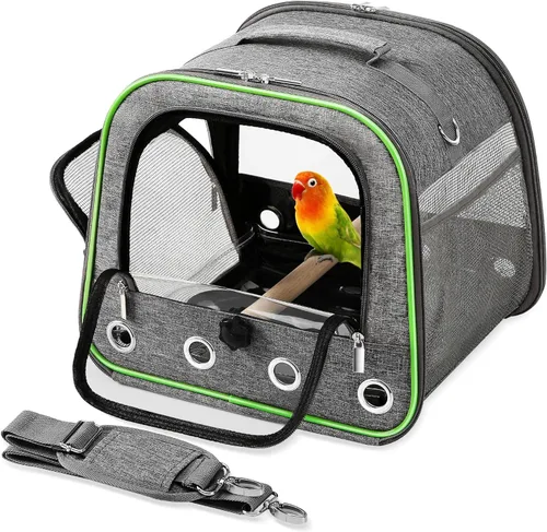 Portador de pájaros pequeño mejorado, jaula de viaje ligera y portátil para pájaros con soporte y bandeja fácil de limpiar, jaula de viaje para Gris
