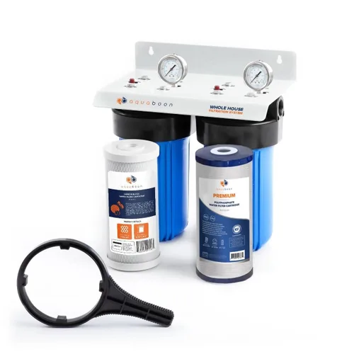 Aquaboon Sistema de filtro de agua de 2 etapas para toda la casa con 5 micrones, 10 x 4.5, antiincrustación, purificación de agua de sedimentos y