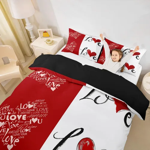 Miniatura 5 de Juego de funda de edredón para parejas, juego de ropa de cama de corazón de amor rojo, juego de funda de edredón romántica para boda, regalo