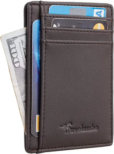 Miniatura 150 de Travelambo billetera mediana y minimalista de cuero para bolsillo frontal, con bloqueo de interferencia de radiofrecuencia