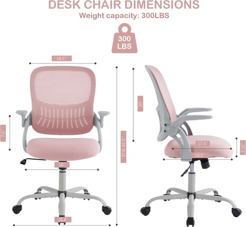 Miniatura 2 de Silla ergonómica de escritorio para oficina, silla de trabajo de malla cómoda para computadora con reposabrazos abatibles y soporte lumbar Rosa