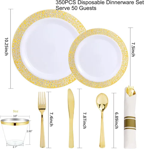 Miniatura 2 de WELLIFE Juego de vajilla para 50 invitados, platos de plástico dorados, platos para Fiestas elegantes Desechables incluyen: 50 platos llanos, 50