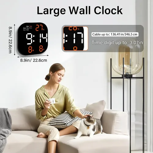 Miniatura 6 de Reloj de pared digital con pantalla LED grande, brillo automático, temperatura, fecha y día de la semana, control remoto, moderno reloj de pared