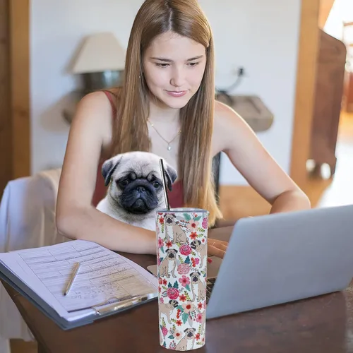 Miniatura 3 de Vaso de viaje aislado de acero inoxidable de 20 onzas, diseño de pug con tapa y popote X-DOG-95