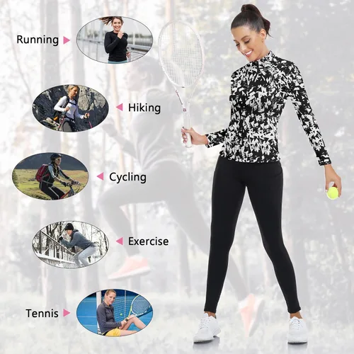 Miniatura 5 de WOWENY Camiseta deportiva de manga larga para mujer, con cremallera de un cuarto, cuello para entrenamiento, camiseta de tenis con estampado