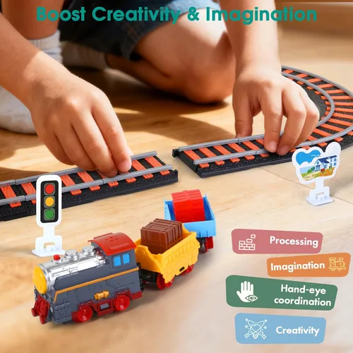 Miniatura 5 de Juego de Pistas de Tren Eléctrico DIY 2 en 1 para Niños de 4-8 Años, Juego de Pistas de Tren y Autos, Puente con Luces y Tren con Sonido, Accesorios