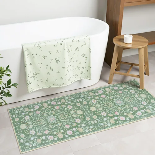 Miniatura 13 de Uphome Alfombra de baño bohemia con diseño floral beige, ultra suave, antideslizante, vintage, lavable a máquina, alfombra de baño floral para baño