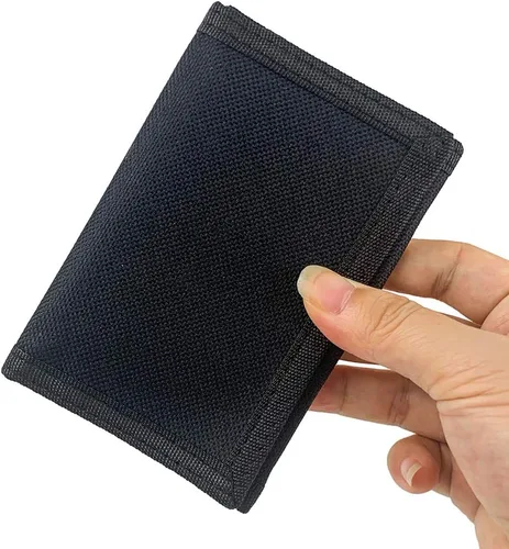 Miniatura 5 de Cartera de lona triple RFID para deportes al aire libre para hombres, lindo monedero con cremallera y bolsillo frontal para niños, color camuflaje