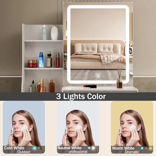 Miniatura 4 de Escritorio blanco cálido con espejo iluminado LED, mesa de tocador de maquillaje con armario izquierdo iluminado, 6 cajones y taburete, tocador