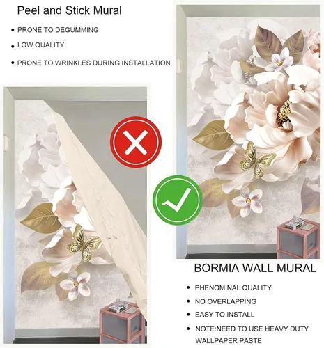 Miniatura 5 de Bormia Papel pintado floral 3D Peony Butterfly Mural de pared para sala de estar dormitorio (no despegar ni pegar)