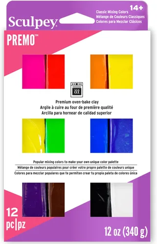 Sculpey Premo: Multipack - Mezcla clásica de colores - 12 tonos, barras de 1 oz, pack de muestra, no tóxico, proyectos de escultura y modelado,