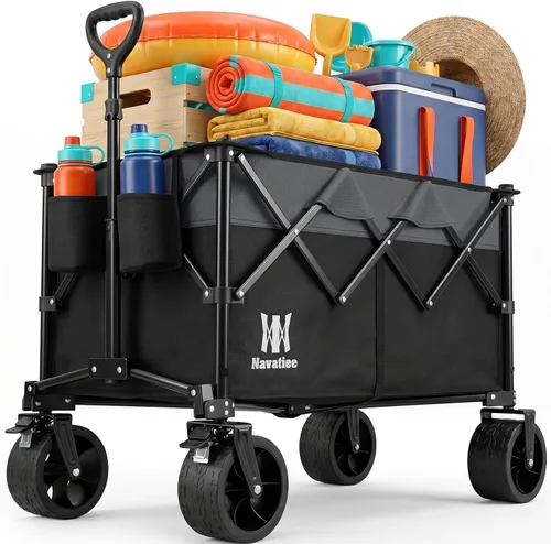 Navatiee Carro plegable plegable, carrito de playa resistente plegable con ruedas grandes, carrito de comestibles utilitario con bolsillo lateral y