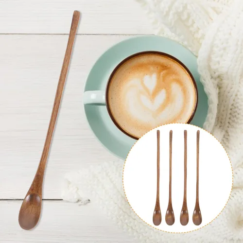 Miniatura 7 de Operitacx 4 cucharas de madera, cucharas de mezcla de madera de mango largo a granel, cucharas de té largas para cuchara de miel, mezcla, agitar