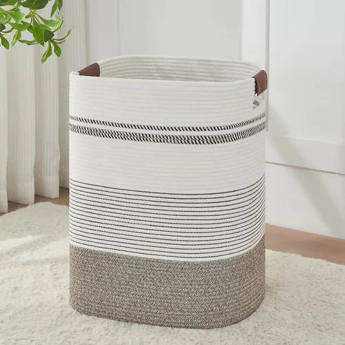 AINUOQI Cesta de lavandería – Cesta alta de cuerda tejida para ropa sucia – Cesta de ropa con asas de cuero, 17 x 13.8 x 22 pulgadas, cesta de Arroz