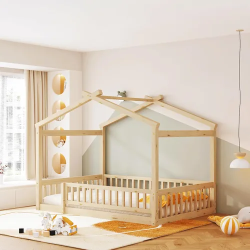 Miniatura 13 de MERITLINE Cama individual Montessori para niños, marco de cama individual Montessori con rieles y techo, no necesita somier, para niños, Gris