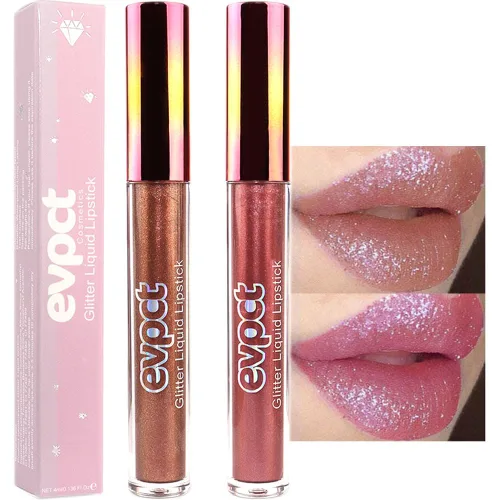 Miniatura 25 de evpct Juego de lápiz labial y brillo de labios 2 en 1 con purpurina color rosa nude metálico brillante para mujeres, de larga duración, impermeable
