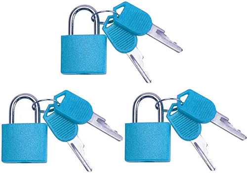 Miniatura 10 de 3 piezas de candado de metal sólido de latón macizo, mochila, diario, joyero, manualidades, cerradura de enseñanza escolar con llave y cubierta Azul
